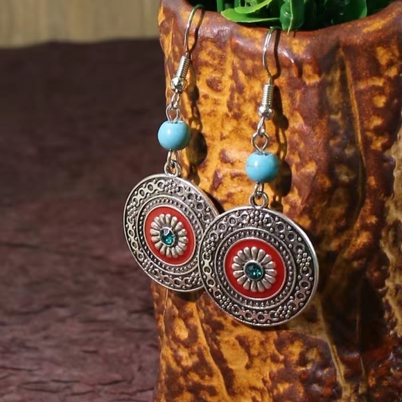 Boho Tribal Turquoise Rhinestone Red Bead Silver Circle Dangle Earrings - Picture 1 of 5